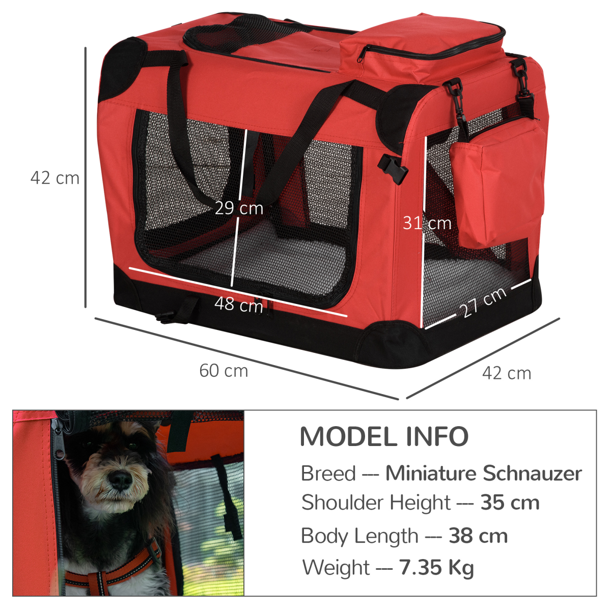 Folding Pet Carrier Bag Soft Portable Cat Travel Cage, 60x42x42 cm, Red