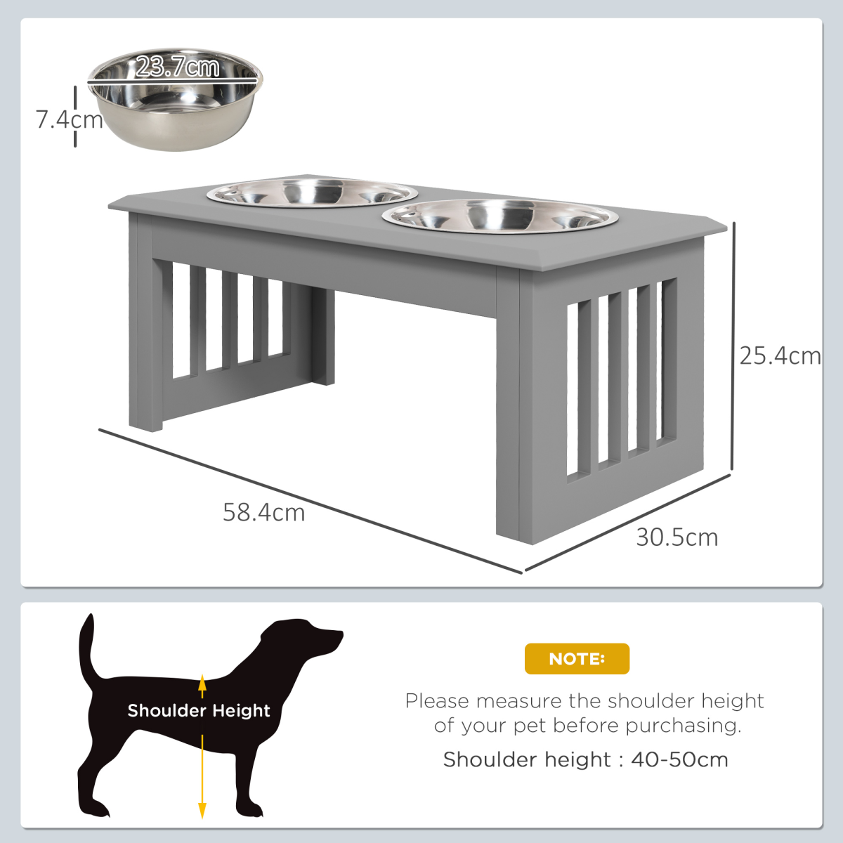 PawHut Raised Dog Bowls Pet Feeder Raised Elevated Stainless Steel Food Grey