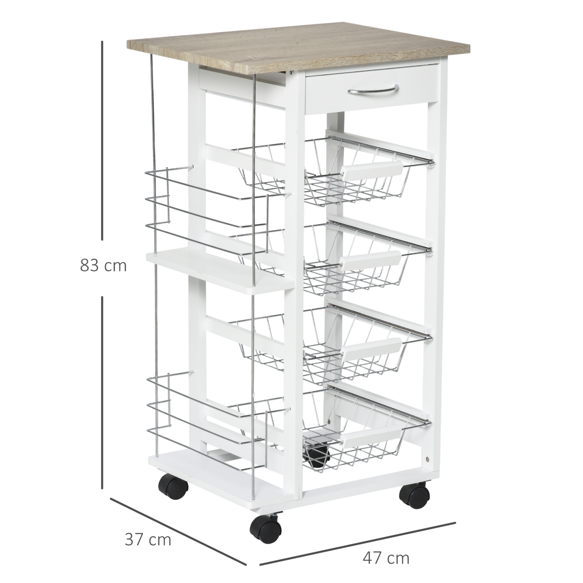 Multi-Use Kitchen Island Trolley 4 Baskets 2 Side Racks Drawer Wheels White