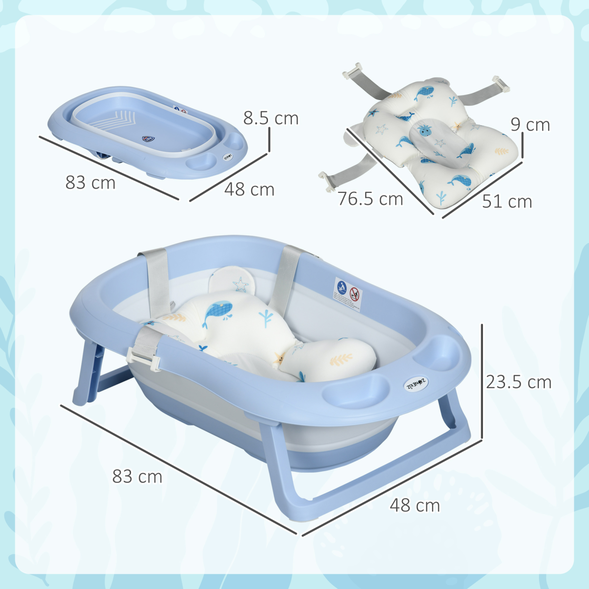 Foldable Baby Bathtub w/ Non-Slip Support Legs, Cushion, Shower Holder - Blue