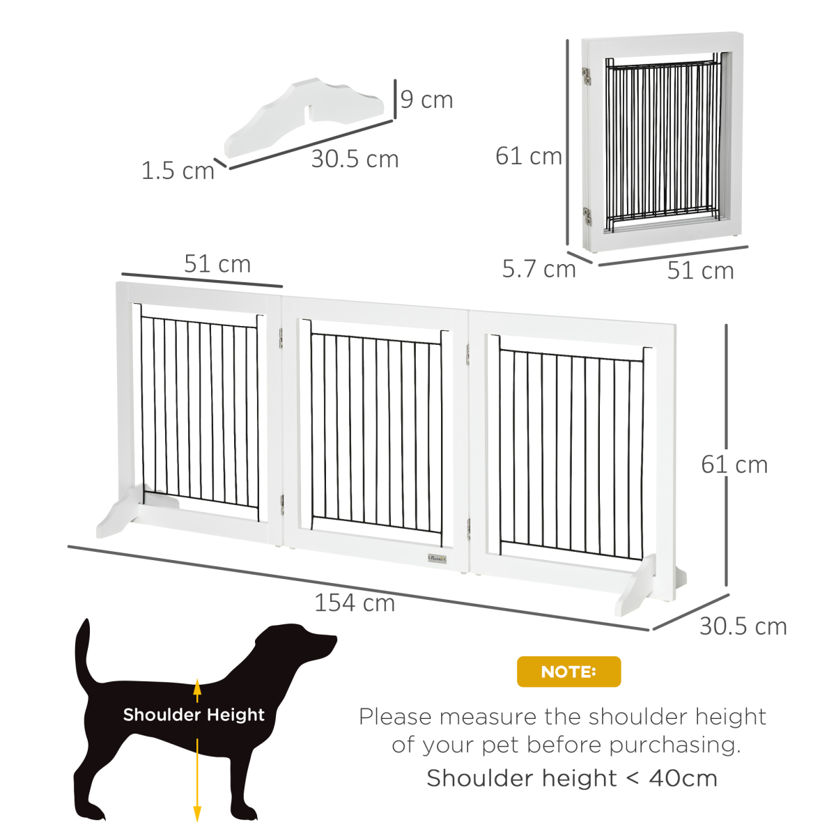 Foldable Dog Gate Freestanding Wooden Pet Barrier w/ 3 Panels, 2 Support Feet