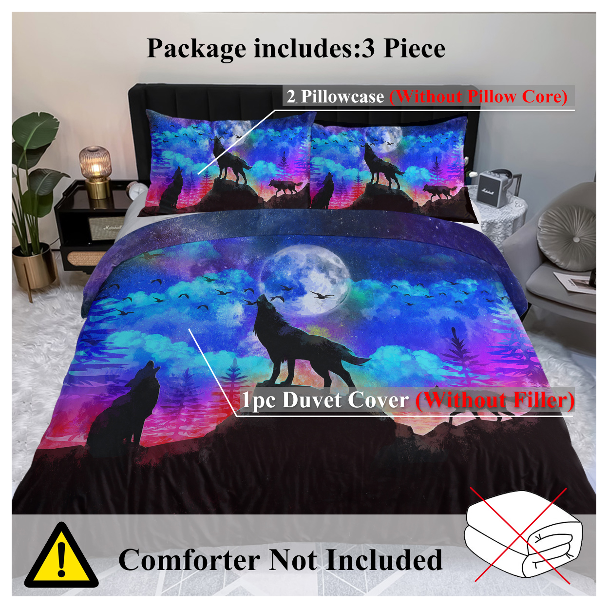 Moon Wolf Duvet Cover Set Double 3pcs Colorful Microfiber Kids Bedding Set