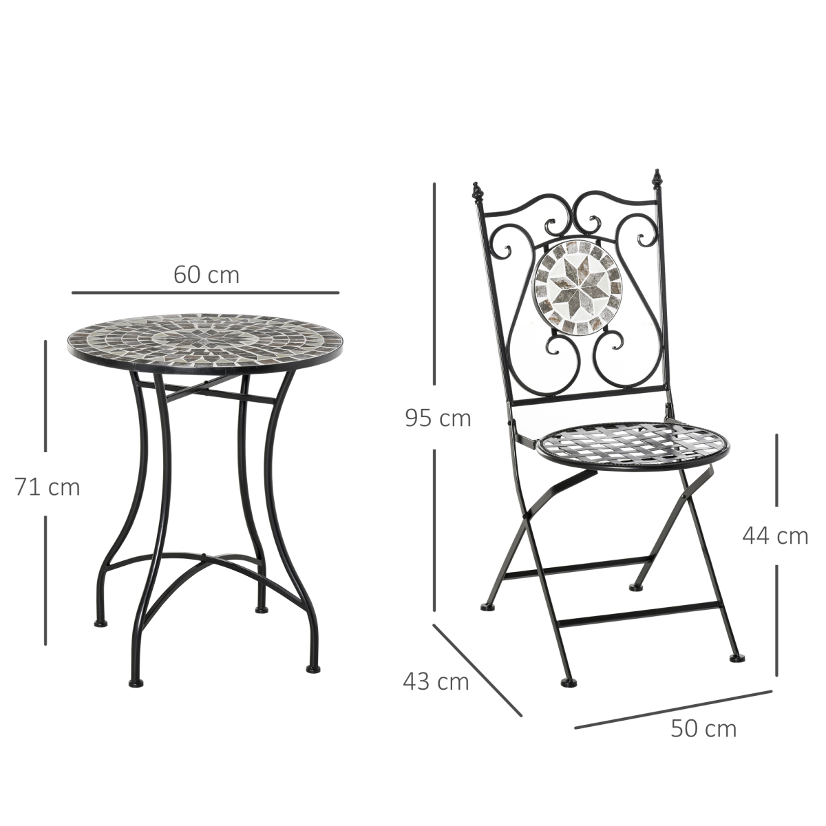 3Pc Mosaic Tile Garden Bistro Set Folding Chairs
