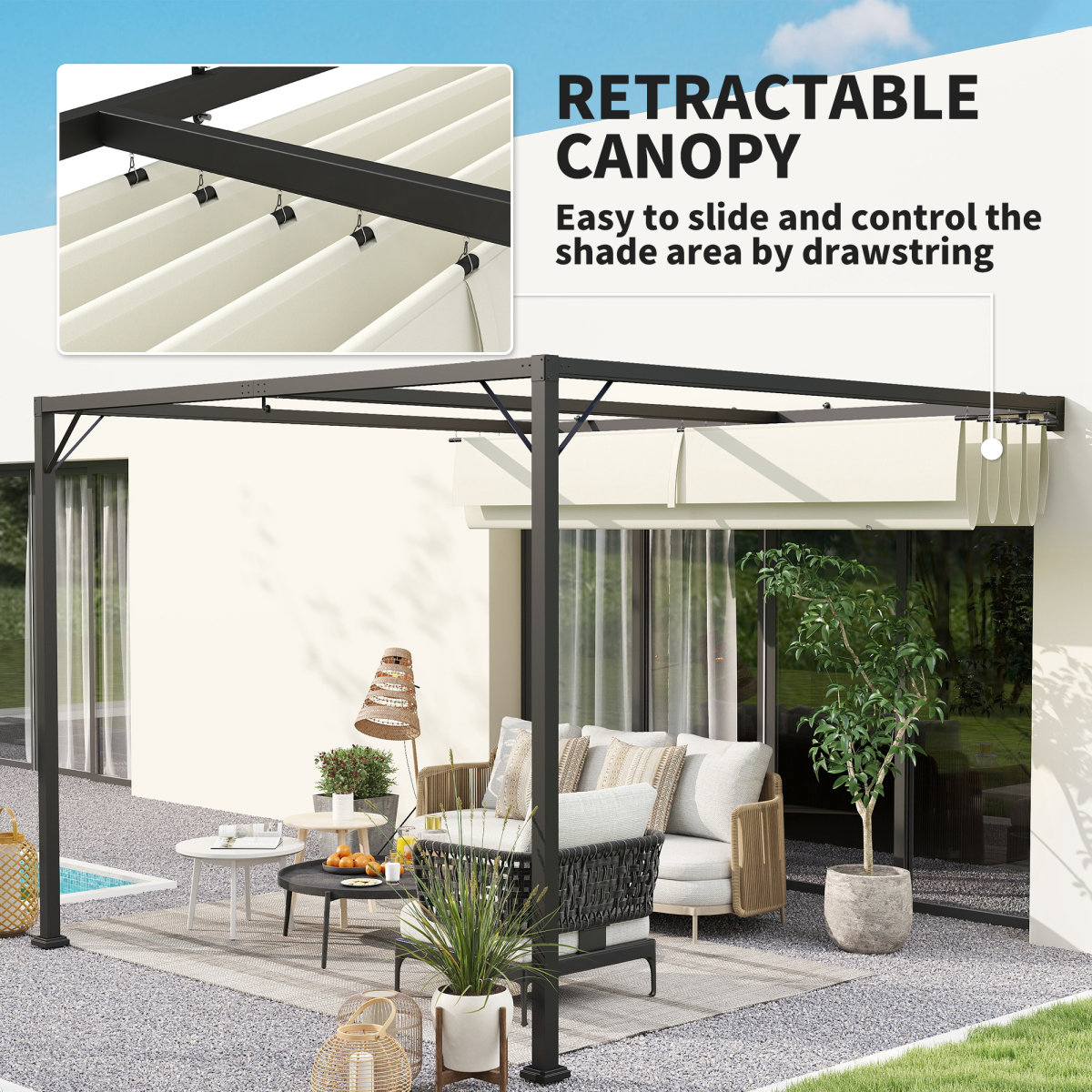 Outsunny 3 x 3(m) Outdoor Pergola Retractable Canopy Wall Mounted, Cream