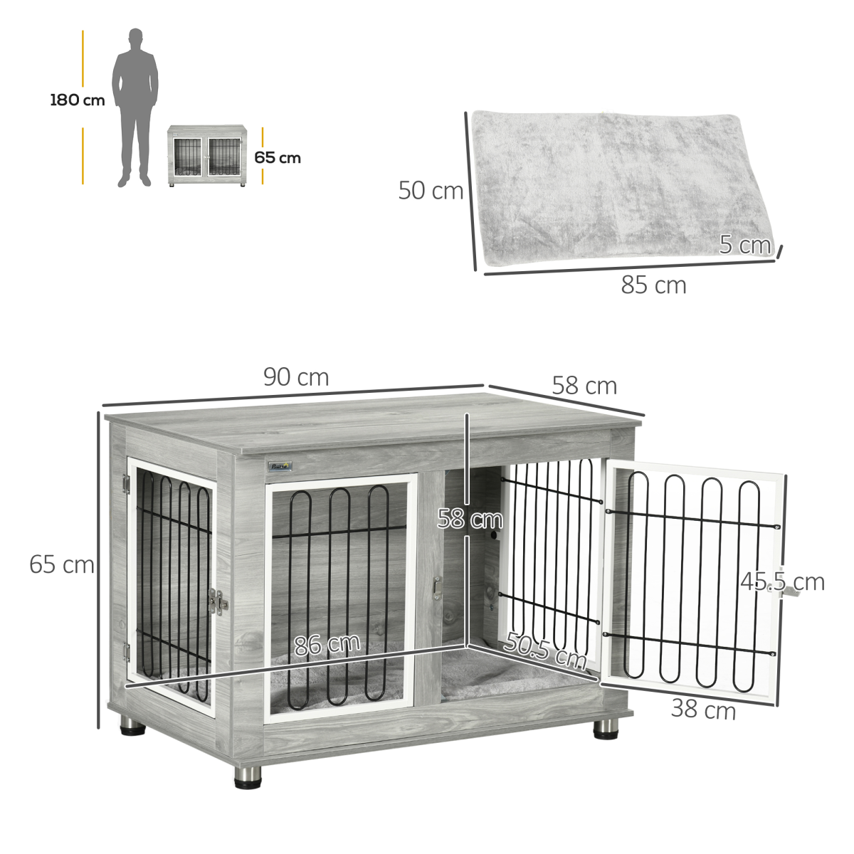 PawHut Dog Crate Furniture, Dog Crate End Table w/ Soft Cushion, Double Door