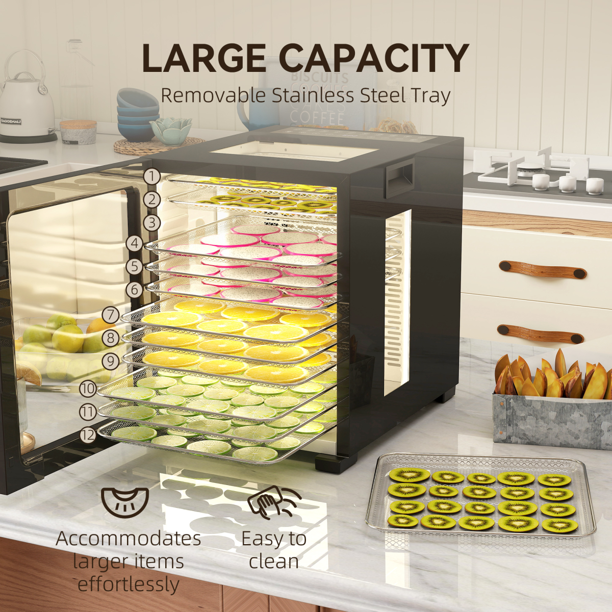 HOMCOM Food Dehydrator with 12 Stainless Steel Tray, 850W Food Dryer Machine