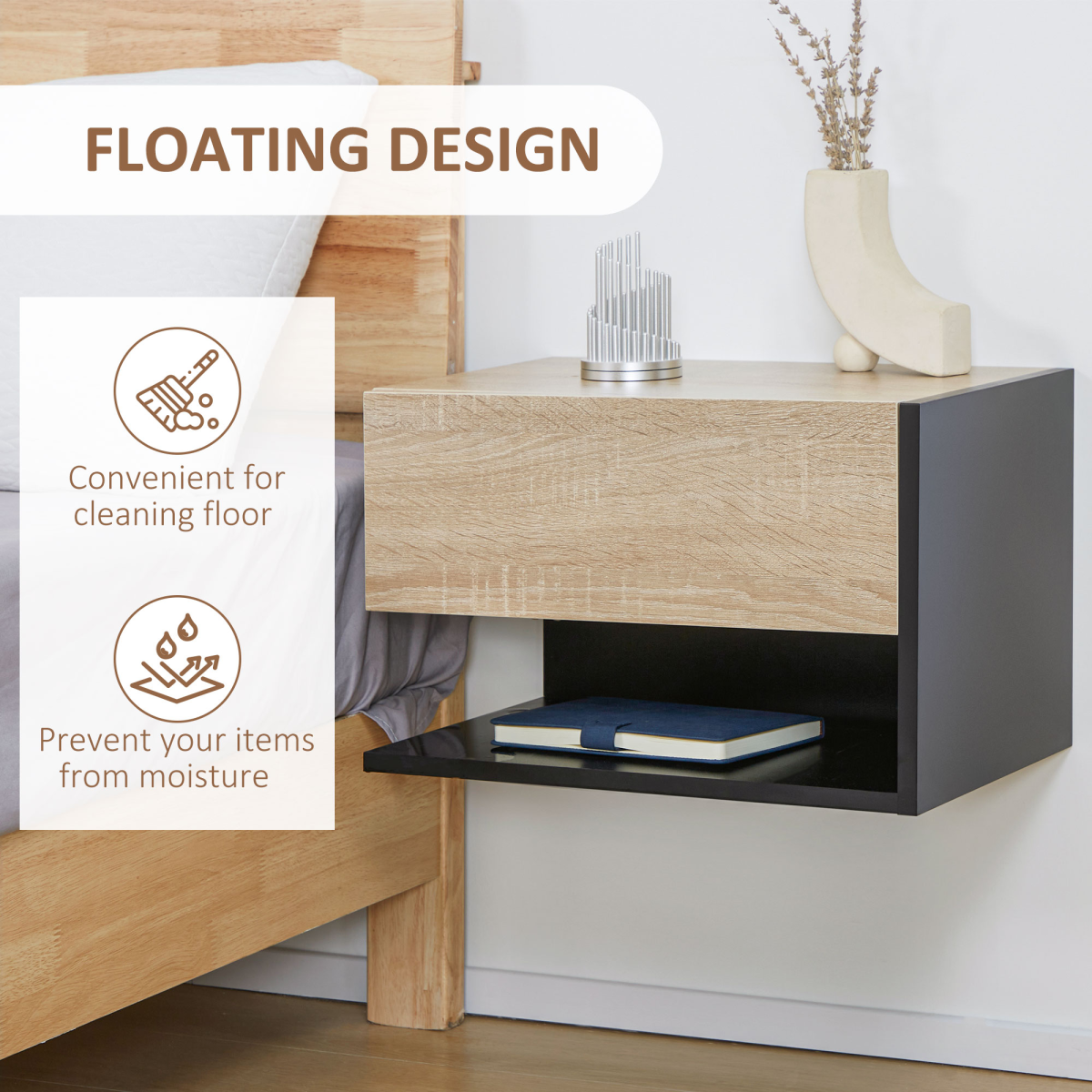 HOMCOM Modern Bedside Table Set of 2 with Drawer and Shelf