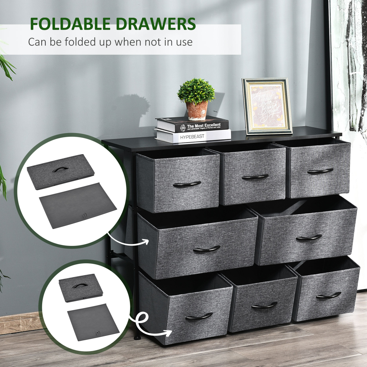 HOMCOM Chest of Drawers Bedroom Dresser with 8 Fabric Drawers, Dark Grey