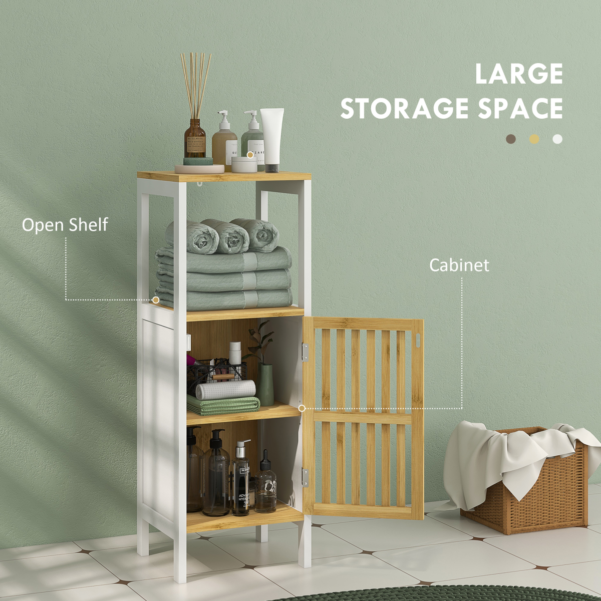 HOMCOM Bathroom Floor Cabinet Bamboo Bathroom Cupboard with Adjustable Shelf