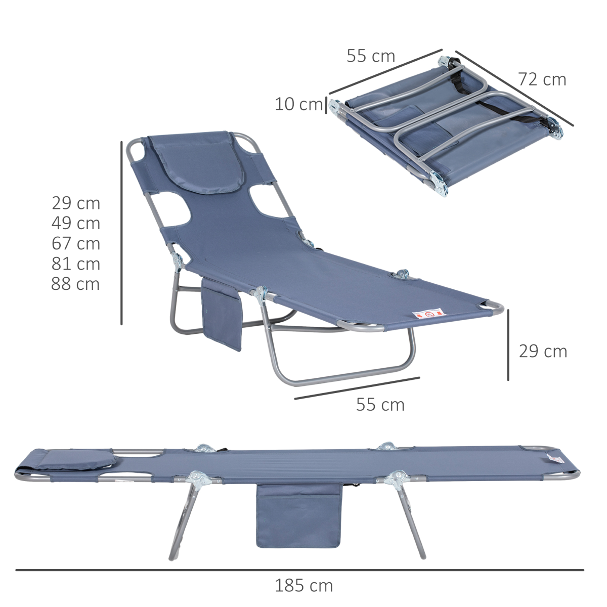 Outsunny Beach Chaise Lounge Portable Adjustable Backrest with Face Cavity Grey