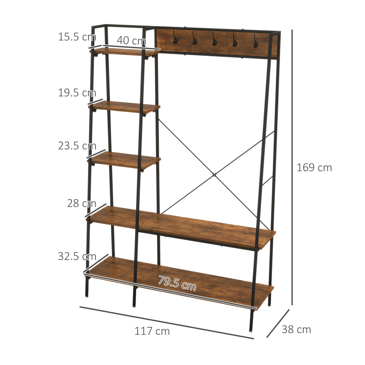 HOMCOM Coat Rack, Coat Stand with Shoe Storage, 5 Hooks for Hallway, Brown