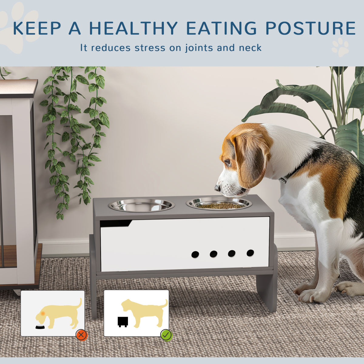 PawHut Height Adjustable Dog Feeding Storage w/ 2 Stainless Steel Bowls