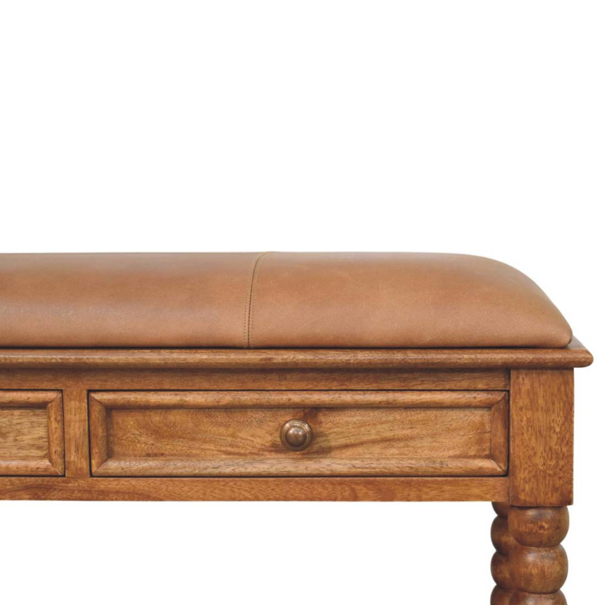 Artisan Furniture Solid Wood Upholstered Leather Spindle Bench, 2 Drawers, 1 Shelf, Brown