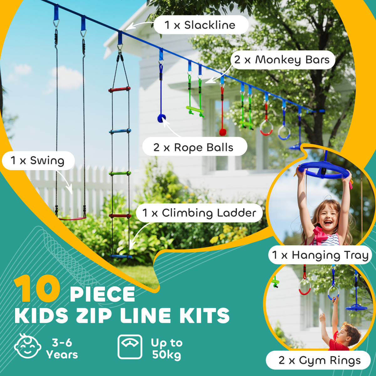Multicoloured Zipline Kit - Safe Outdoor Fun for Children Aged 3-6