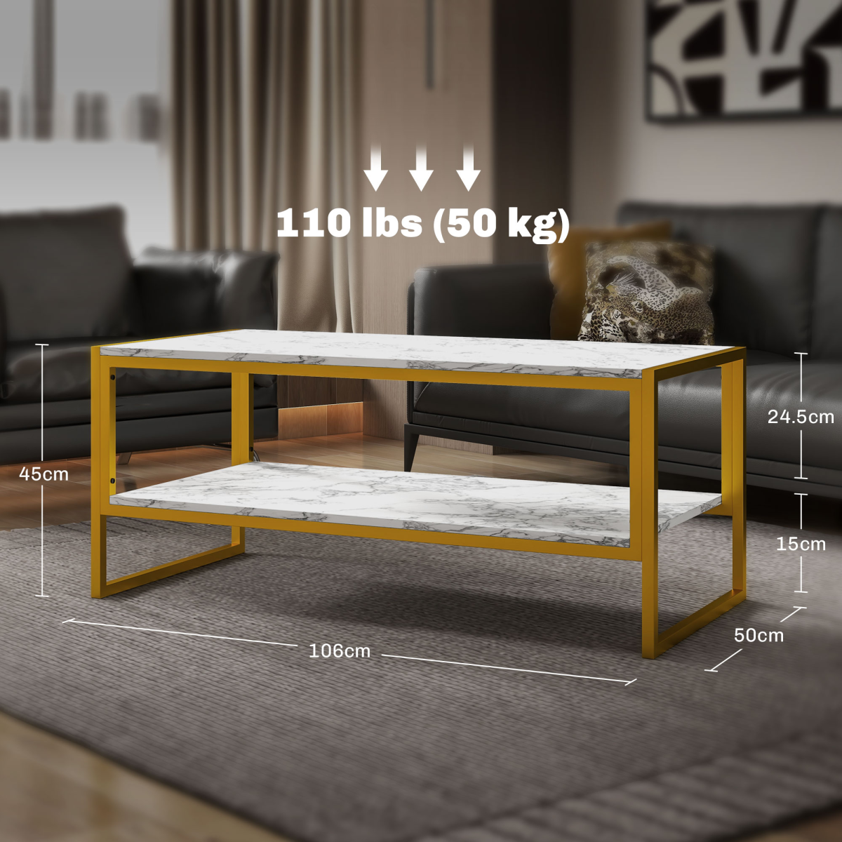HOMCOM Two-Tier Coffee Table with Marble Effect Shelf and Metal Frame White