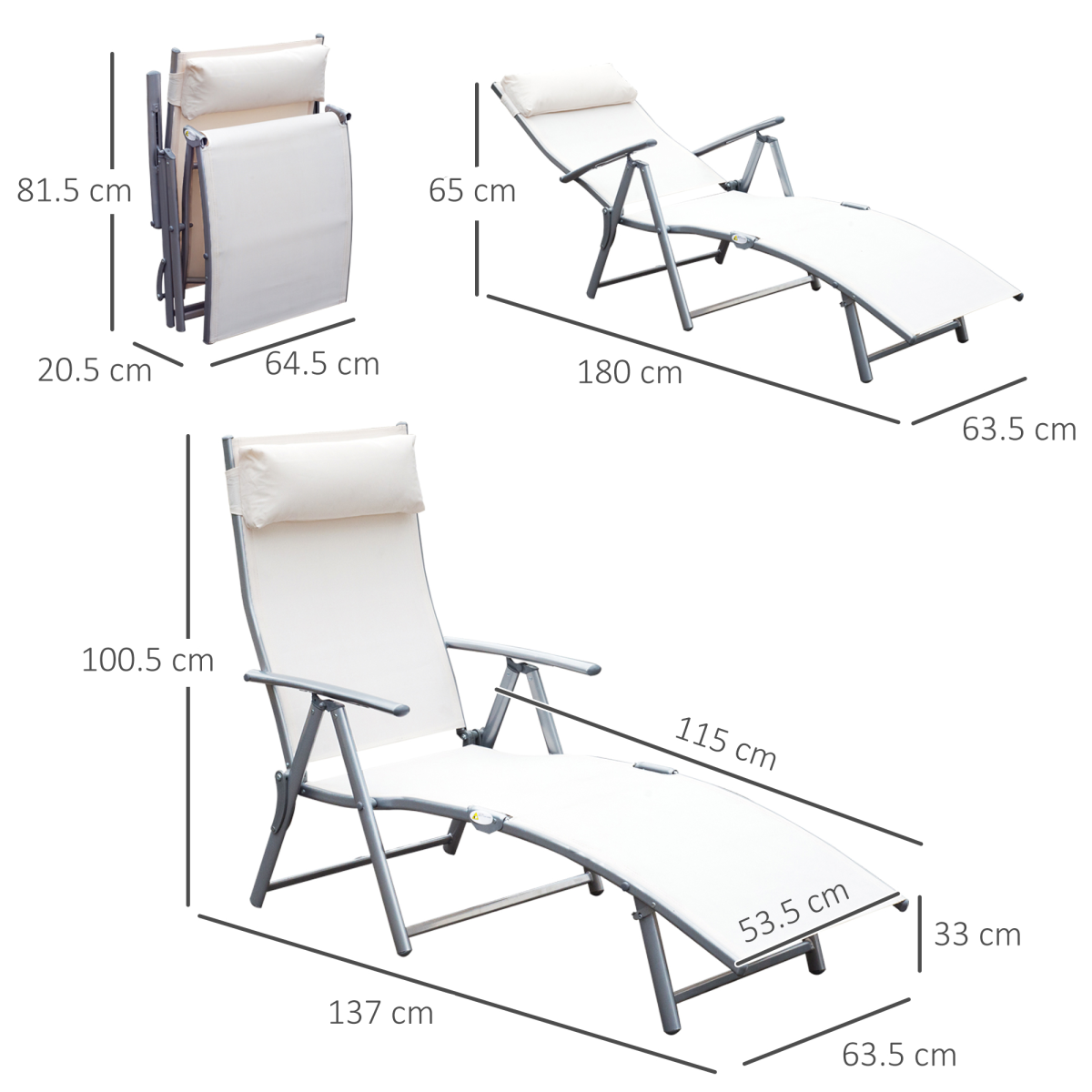 Outsunny Sun Lounger Recliner Foldable 7 Levels Texteline Cream White