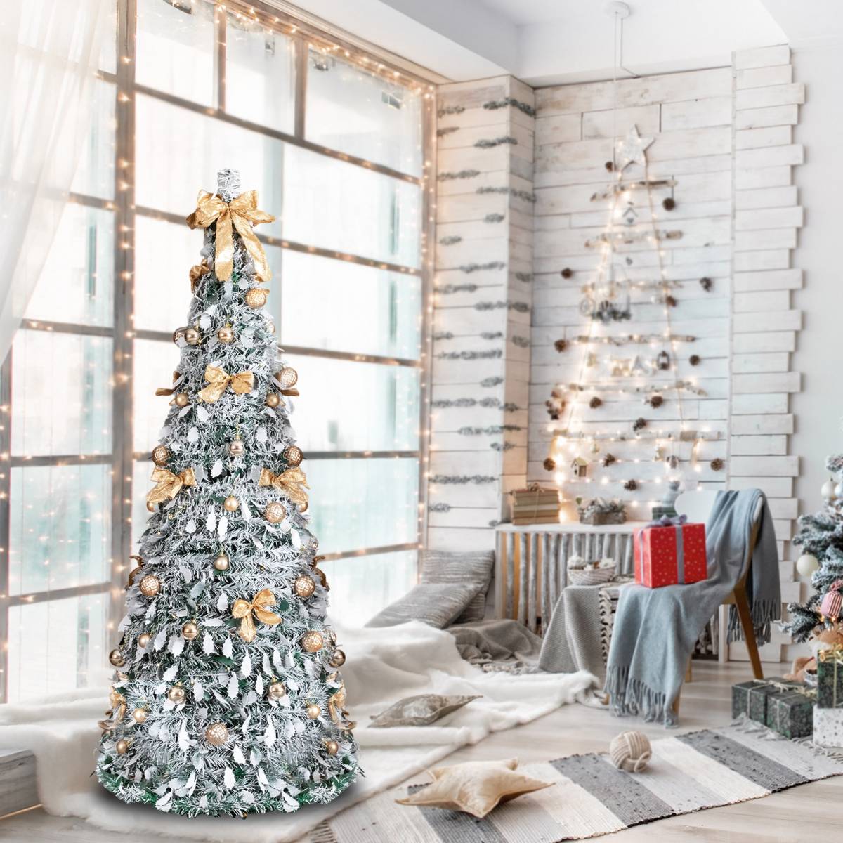 6 FT Snow Flocked Pre-lit Artificial Pop Up Christmas Tree with 100 Warm Lights and Golden Ornaments for Home Office Store Holiday Deco, Snowy Green