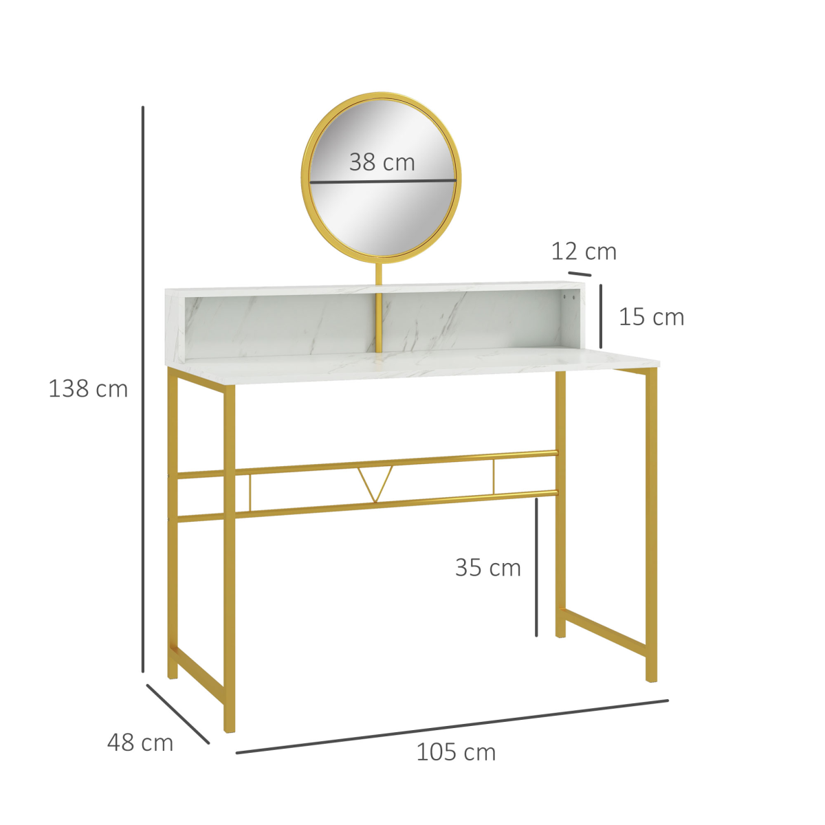 Dressing Table with Round Mirror, Vanity Makeup Desk Faux Marble Texture White