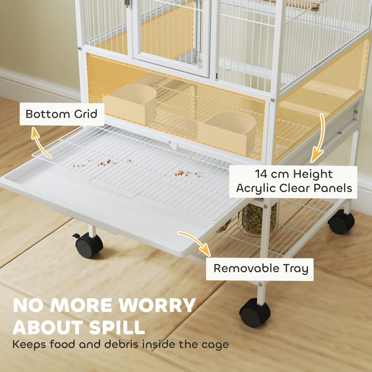 PawHut Bird Cage Parrot Cage with Rolling Stand Acrylic Viewing Panels White