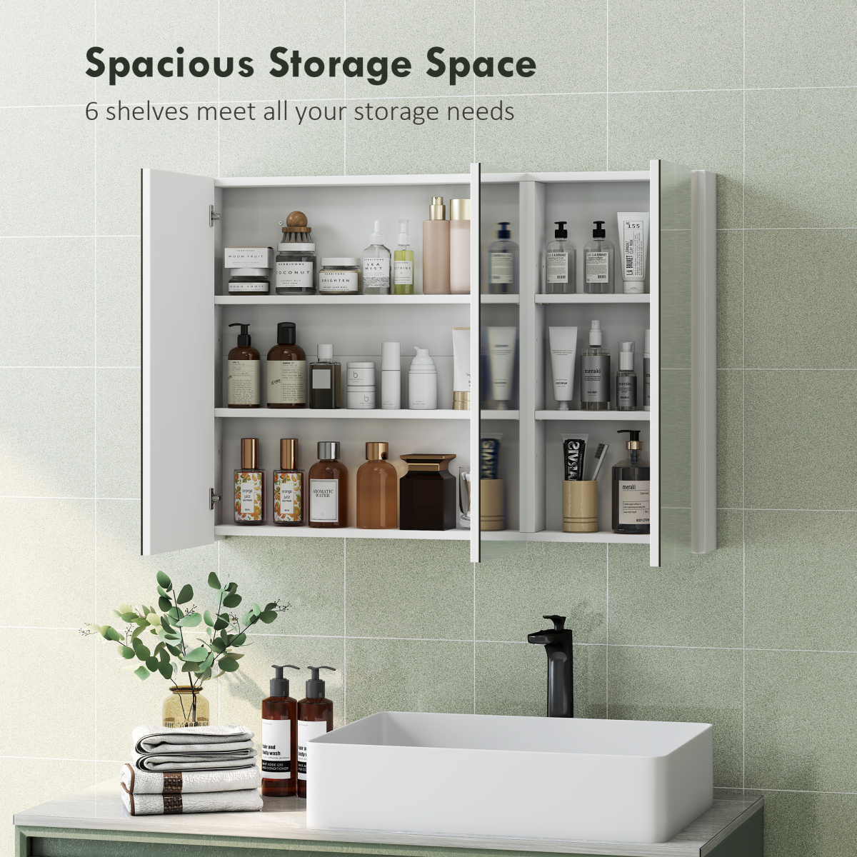 HOMCOM Bathroom Mirror Cabinet with 4 Adjustable Shelves, White