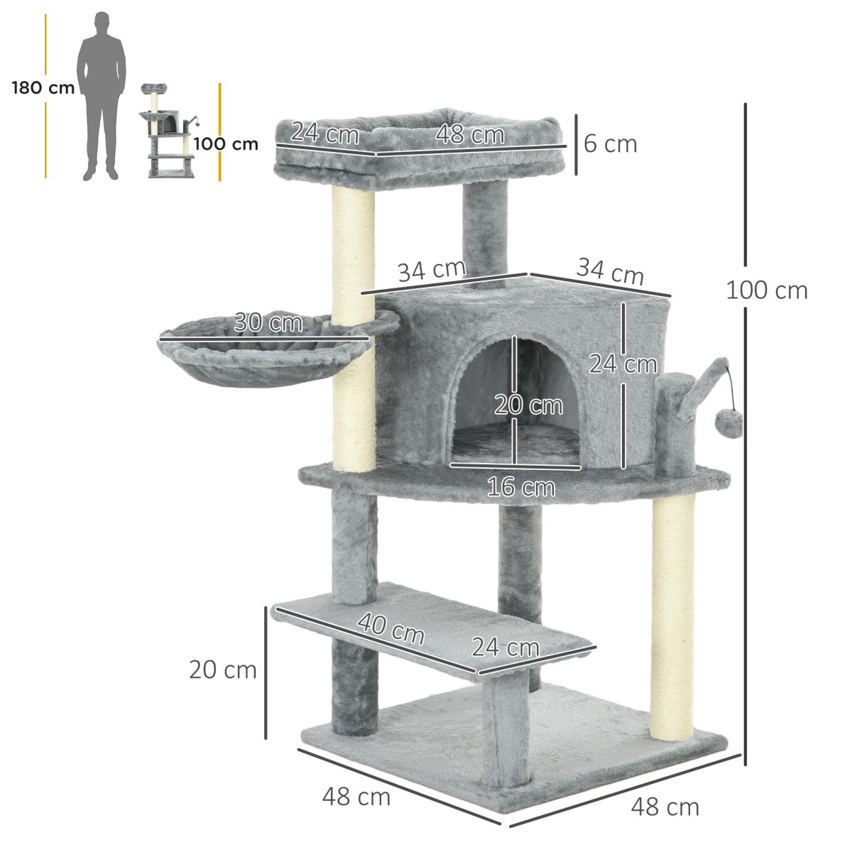 PawHut Cat Tree Tower Climbing  Activity Centre with Sisal Scratching Post Grey