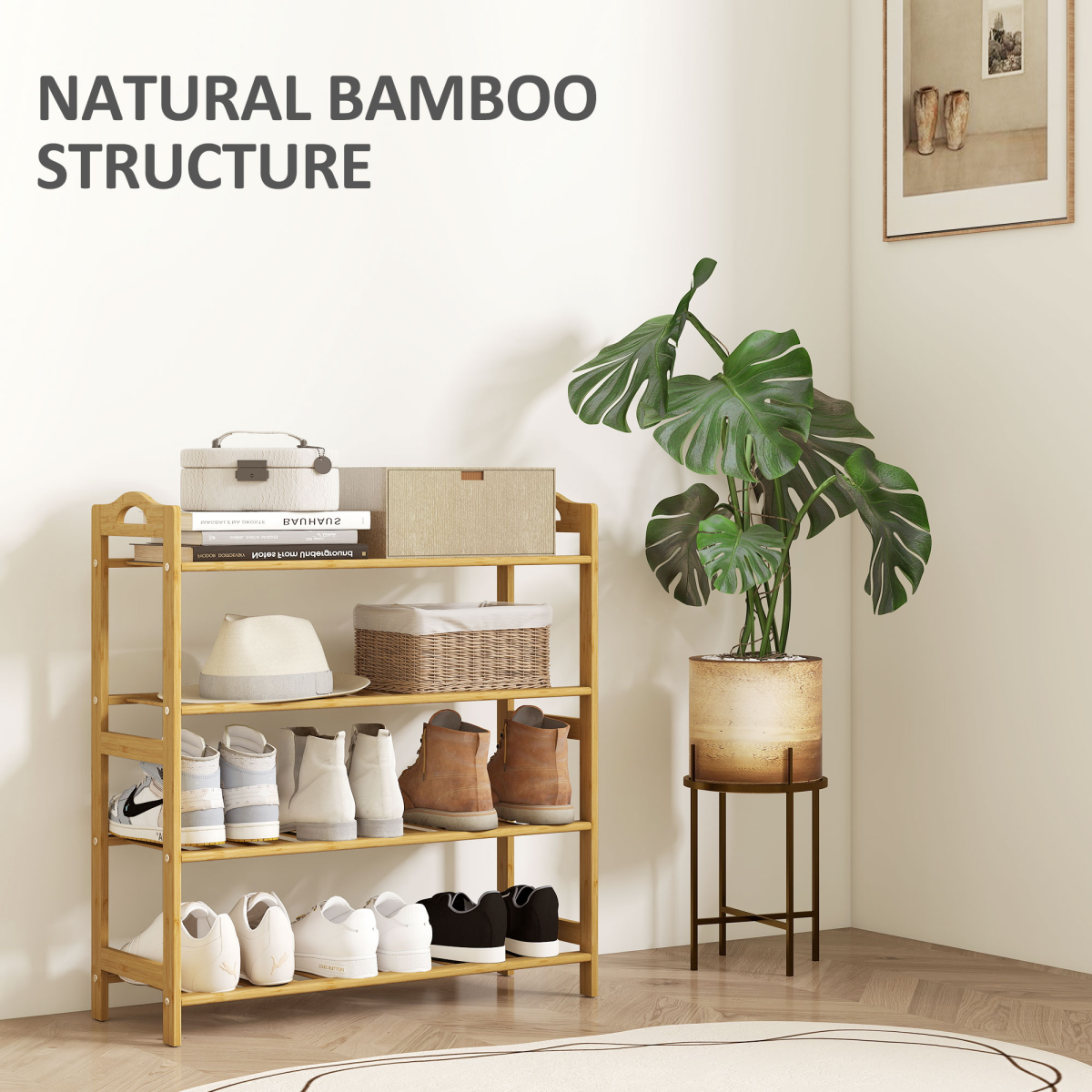 HOMCOM 4-Tier Shoe Rack, Bamboo Shoe Shelf Stand, Natural Wood Finish