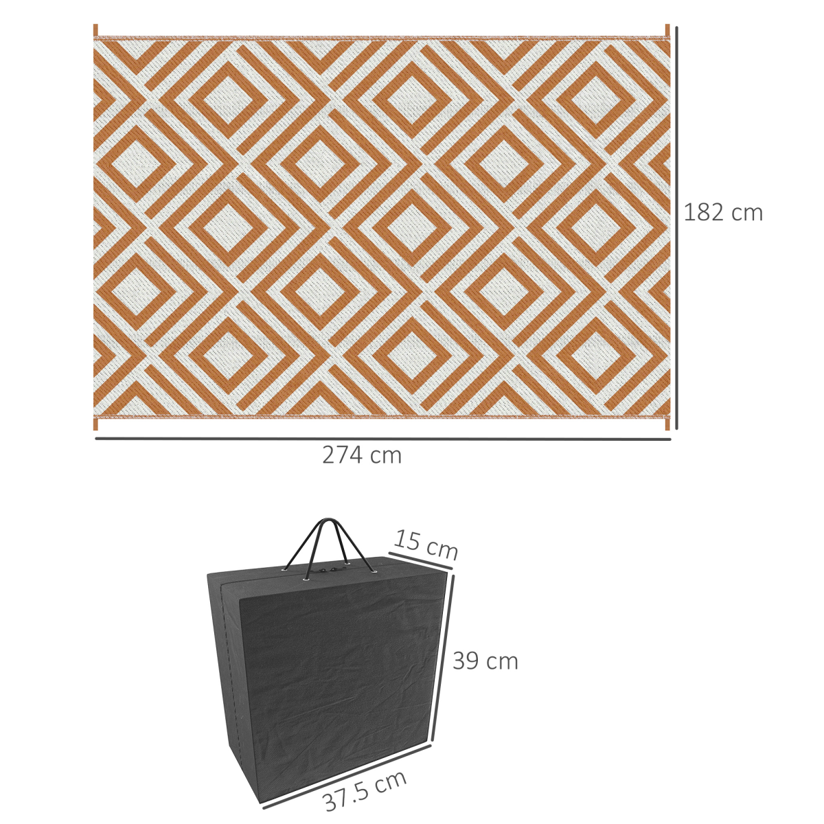 Reversible Outdoor Rug W/ Carry Bag for RV Camping Beach, 182 x 274 cm, Brown