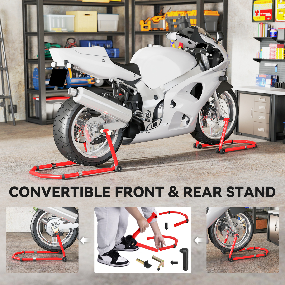HOMCOM Motorcycle Stand, 390 kg Front/Rear Paddock Stand, Red