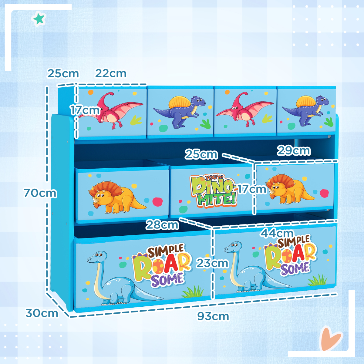 AIYAPLAY 3-Tier Toy Organiser Shelf with 9 Storage Boxes for Bedroom Blue