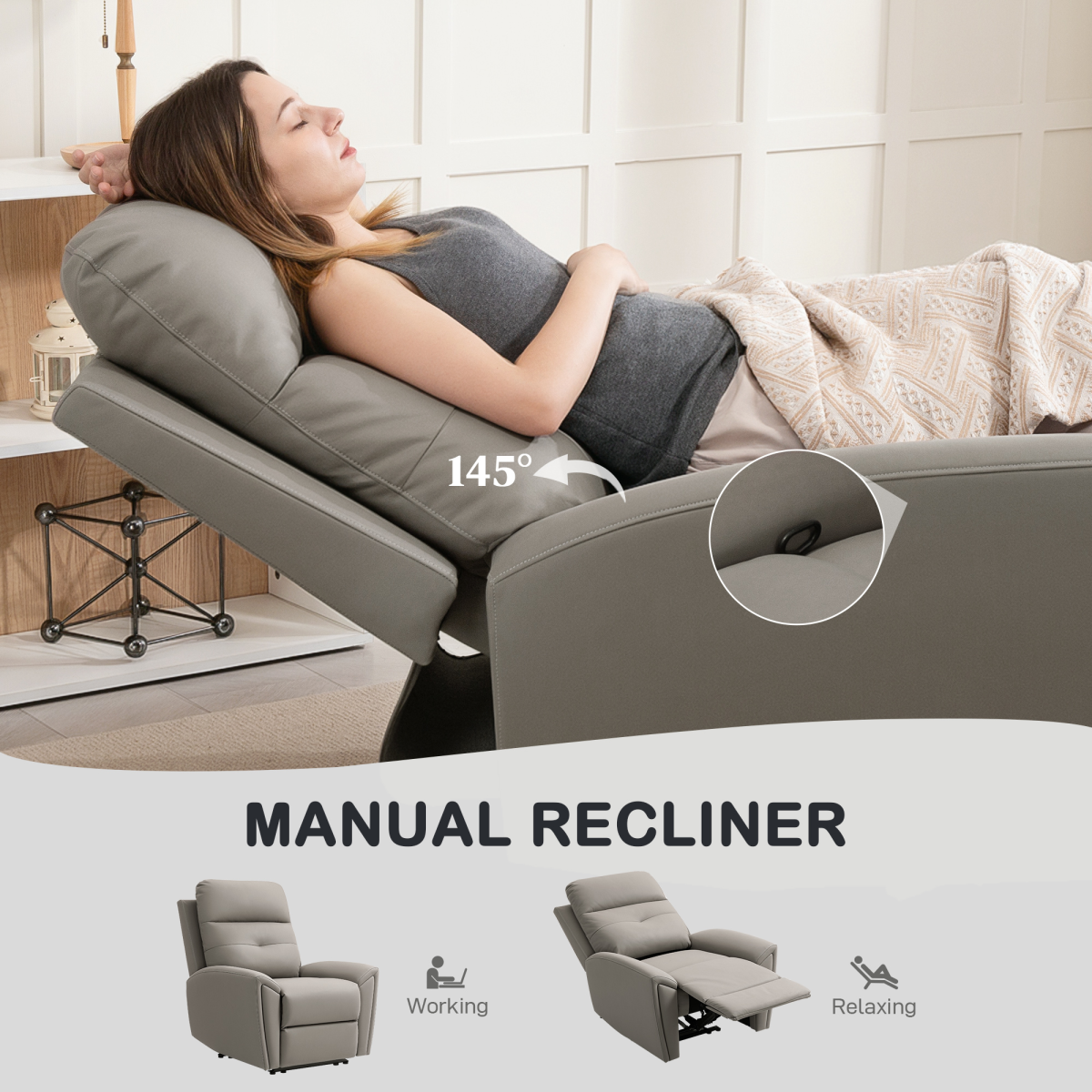 HOMCOM Recliner Armchair, Manual Reclining Chair for Living Room, Grey