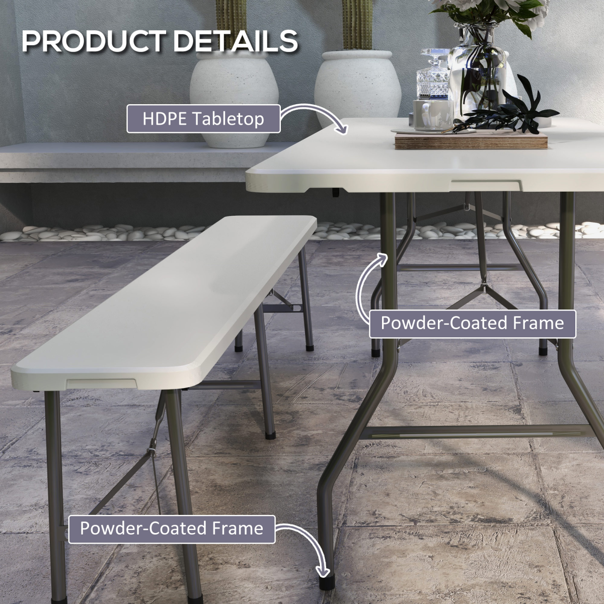 Outsunny Folding Garden Table, Patio Table with Metal Frame, White