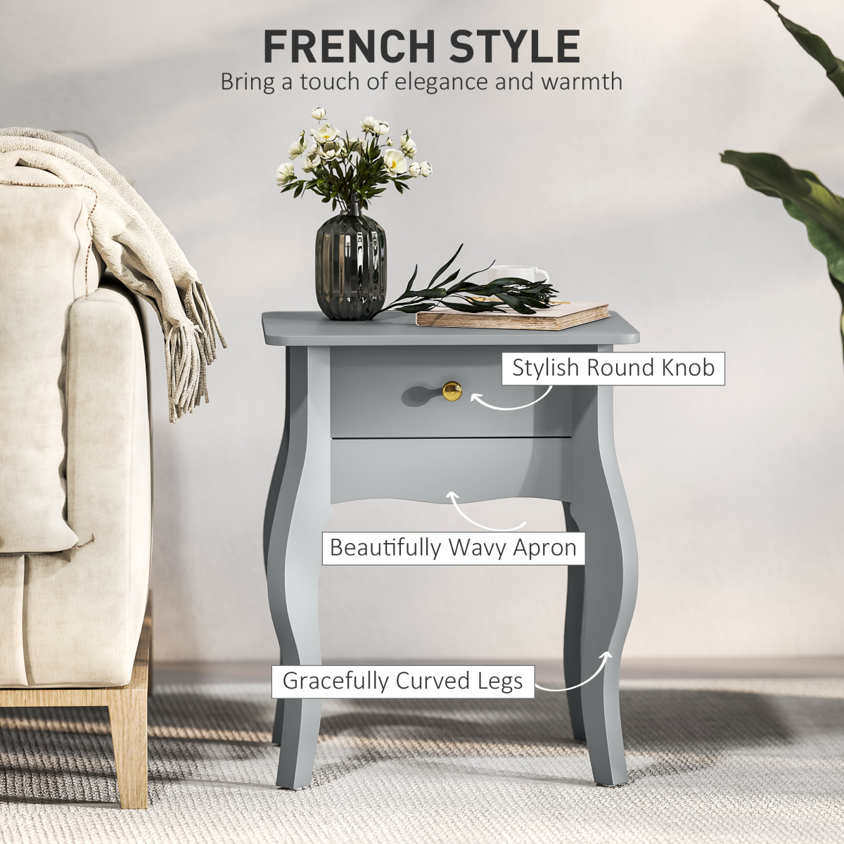 HOMCOM End Table French Style Small Table with Drawer and Curved Legs, Grey