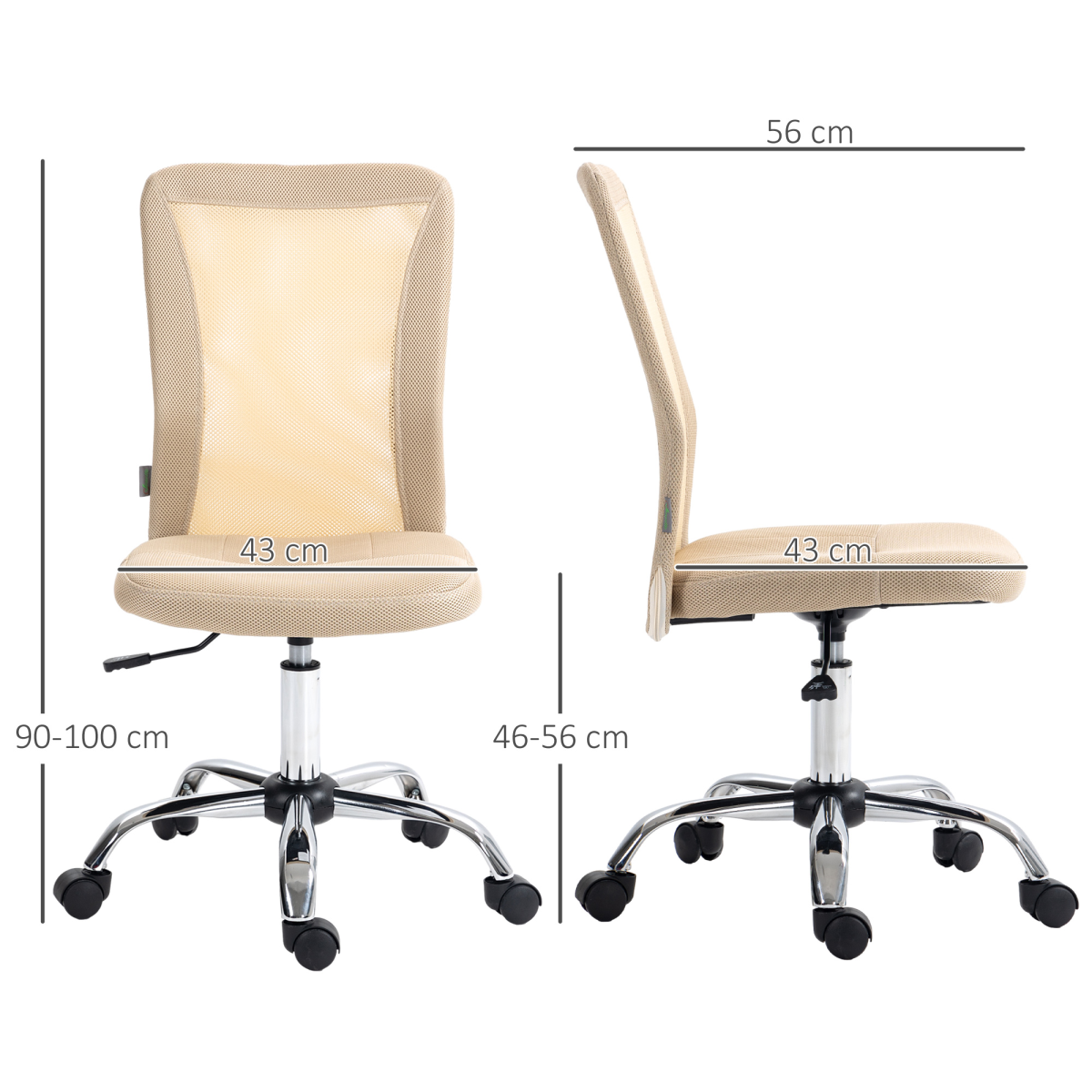Vinsetto Armless Office Chair with Adjustable Height Mesh Back Wheels Beige
