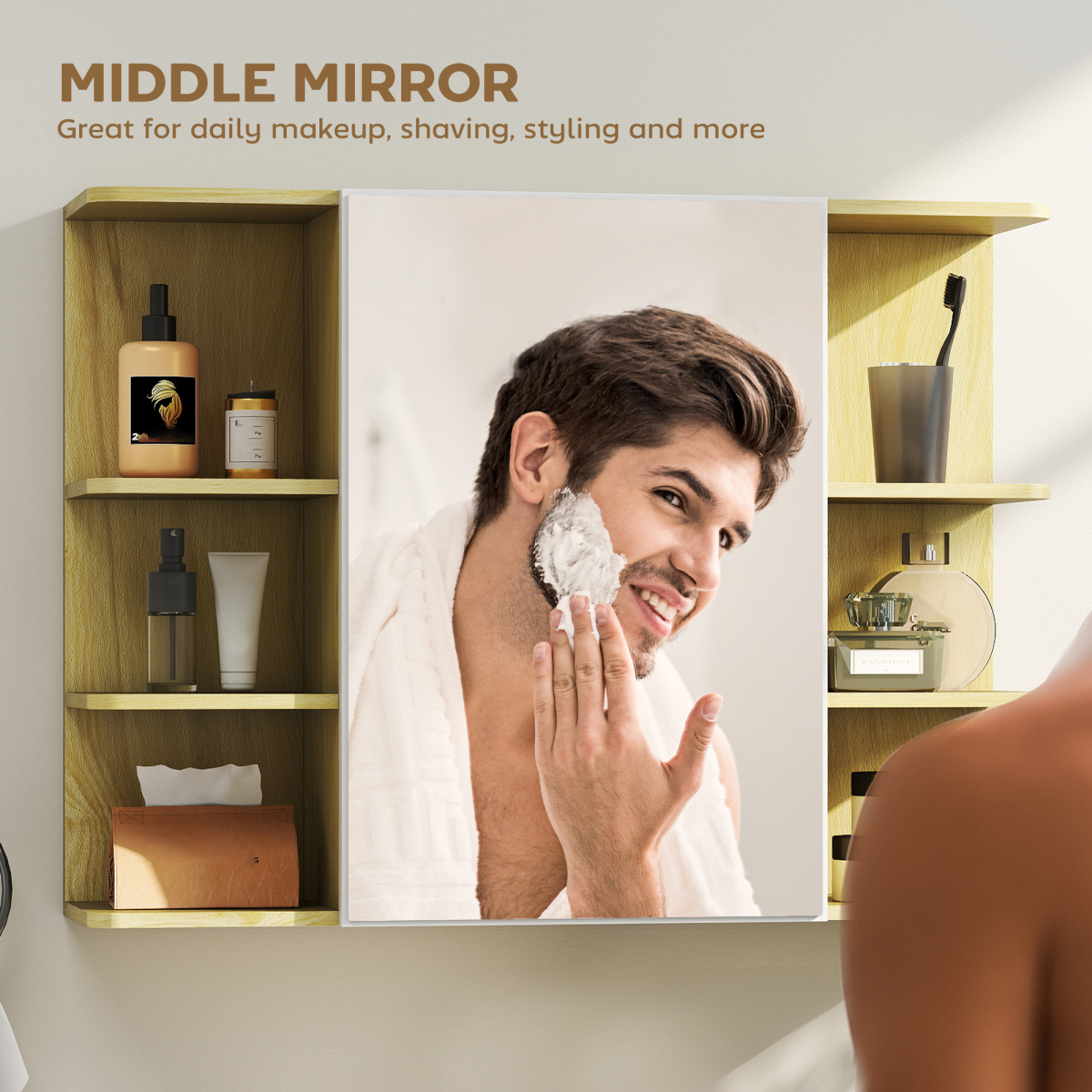 HOMCOM Bathroom Wall Cabinet with Mirror and Open Storage Shelves Natural