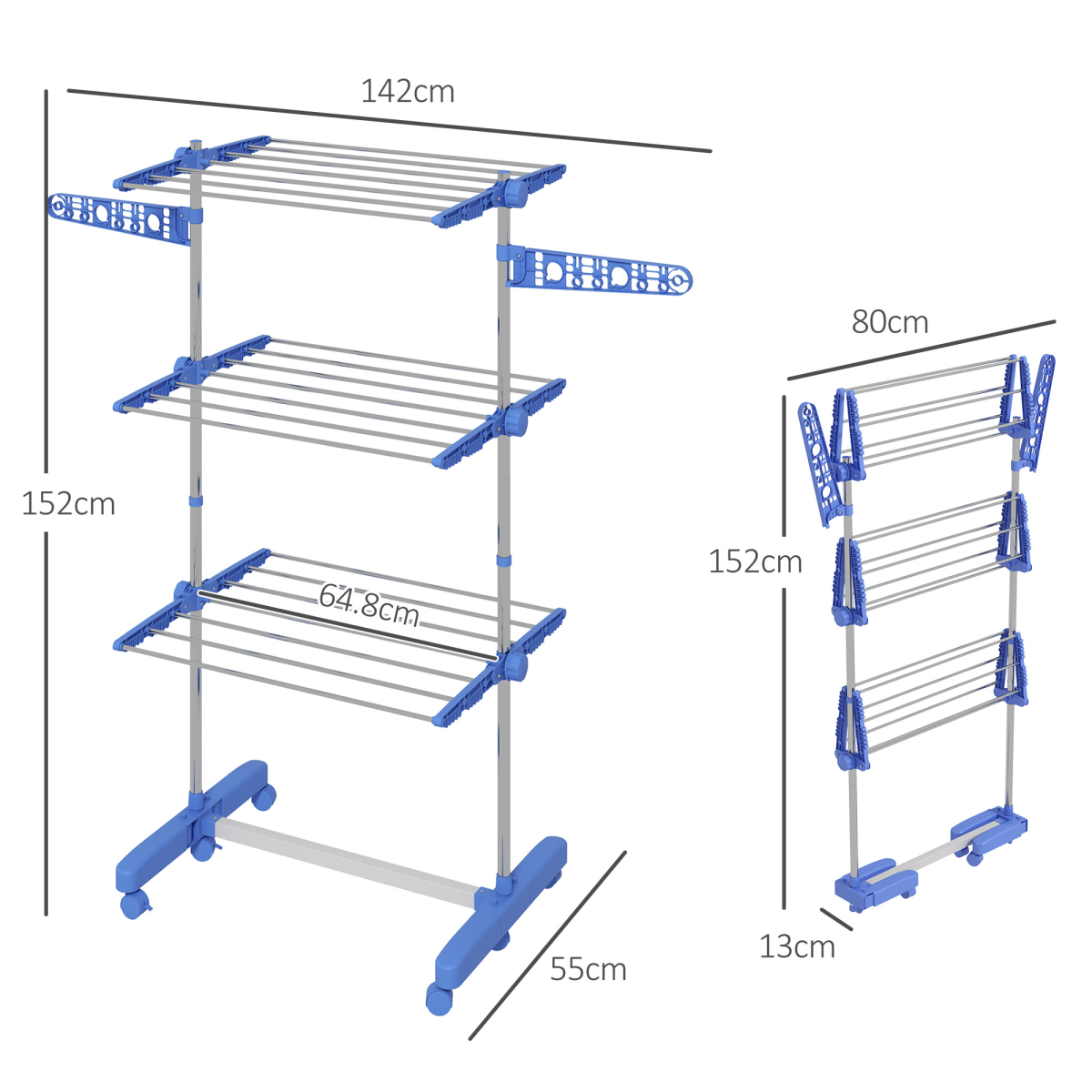 HOMCOM 3-Tier Large Clothes Airer Stainless Steel Clothes Drying Rack Blue