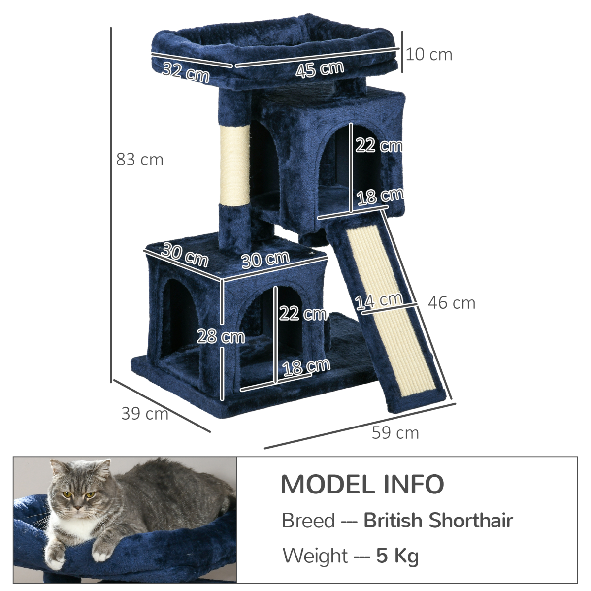 PawHut Cat Rest & Play Activity Tree w/ 2 House Perch Scratching Post Navy Blue