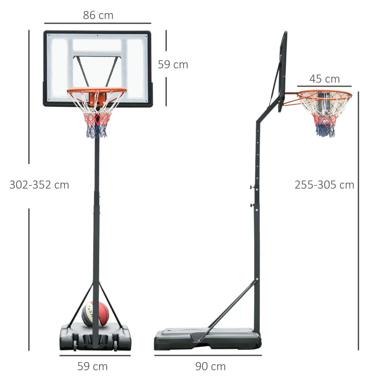 Basketball Hoop Freestanding 255-305cm Height Adjustable Stand  Wheels HOMCOM