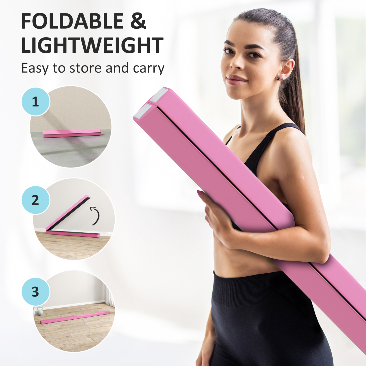 SPORTNOW 7.7FT Folding Gymnastics Balance Beam with Anti-Slip Base, Pink