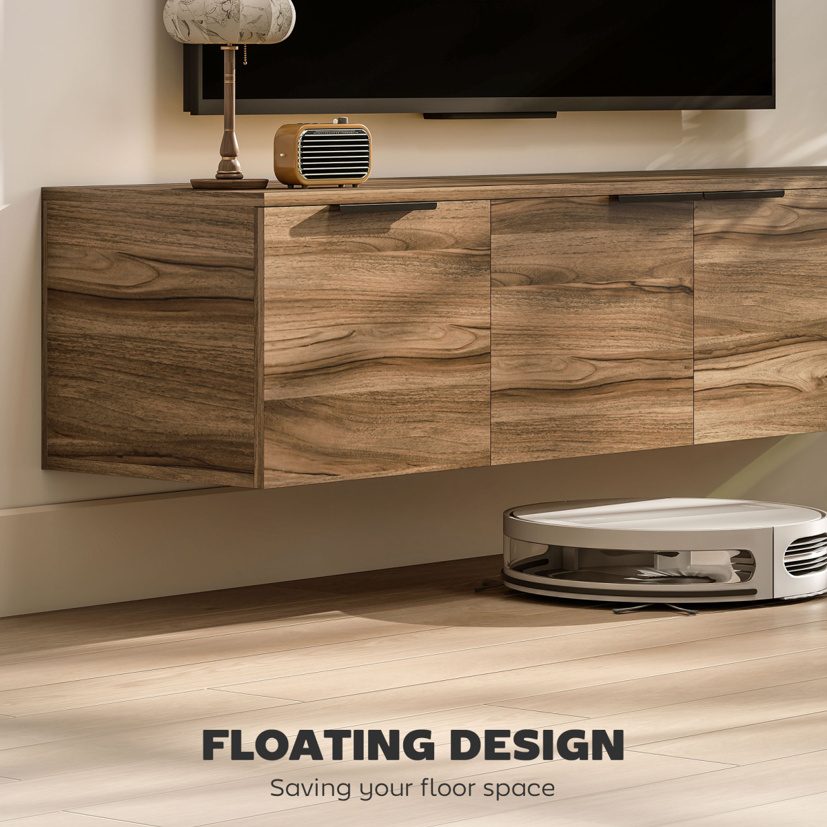HOMCOM Floating TV Stand Cabinet with Shelves and Doors, Rustic Brown