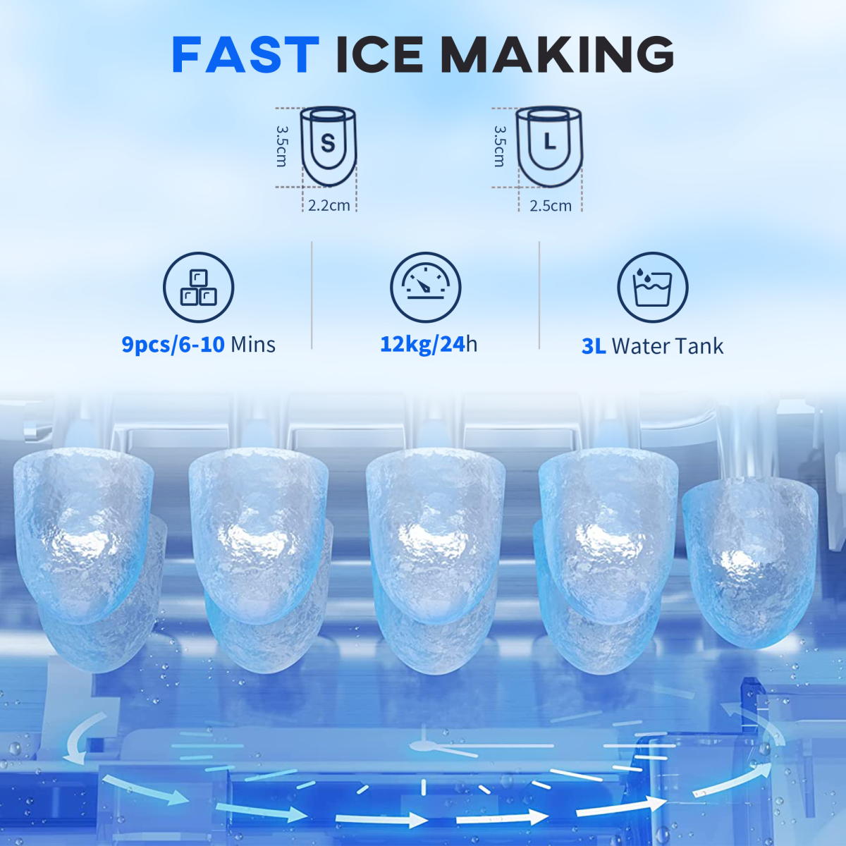 HOMCOM Ice Maker Machine and Water Dispenser 9 Ice Cubes Ready in 6-10 Mins
