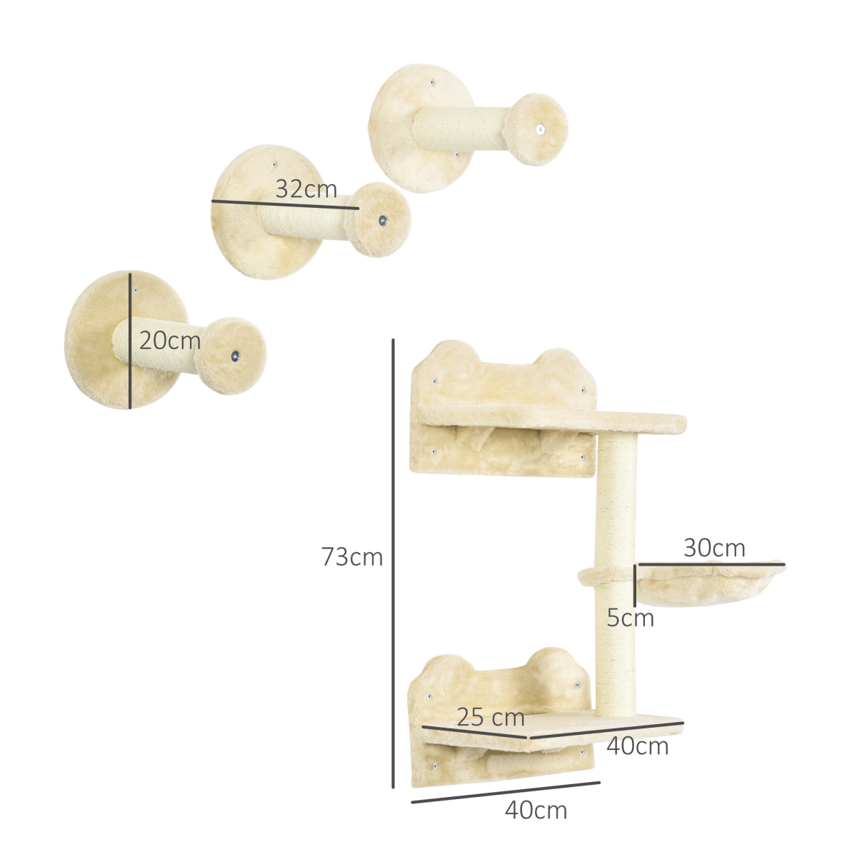 Cat Shelf with Scratching Post, Wall-Mounted Cat Tree for Indoor Cat - Beige