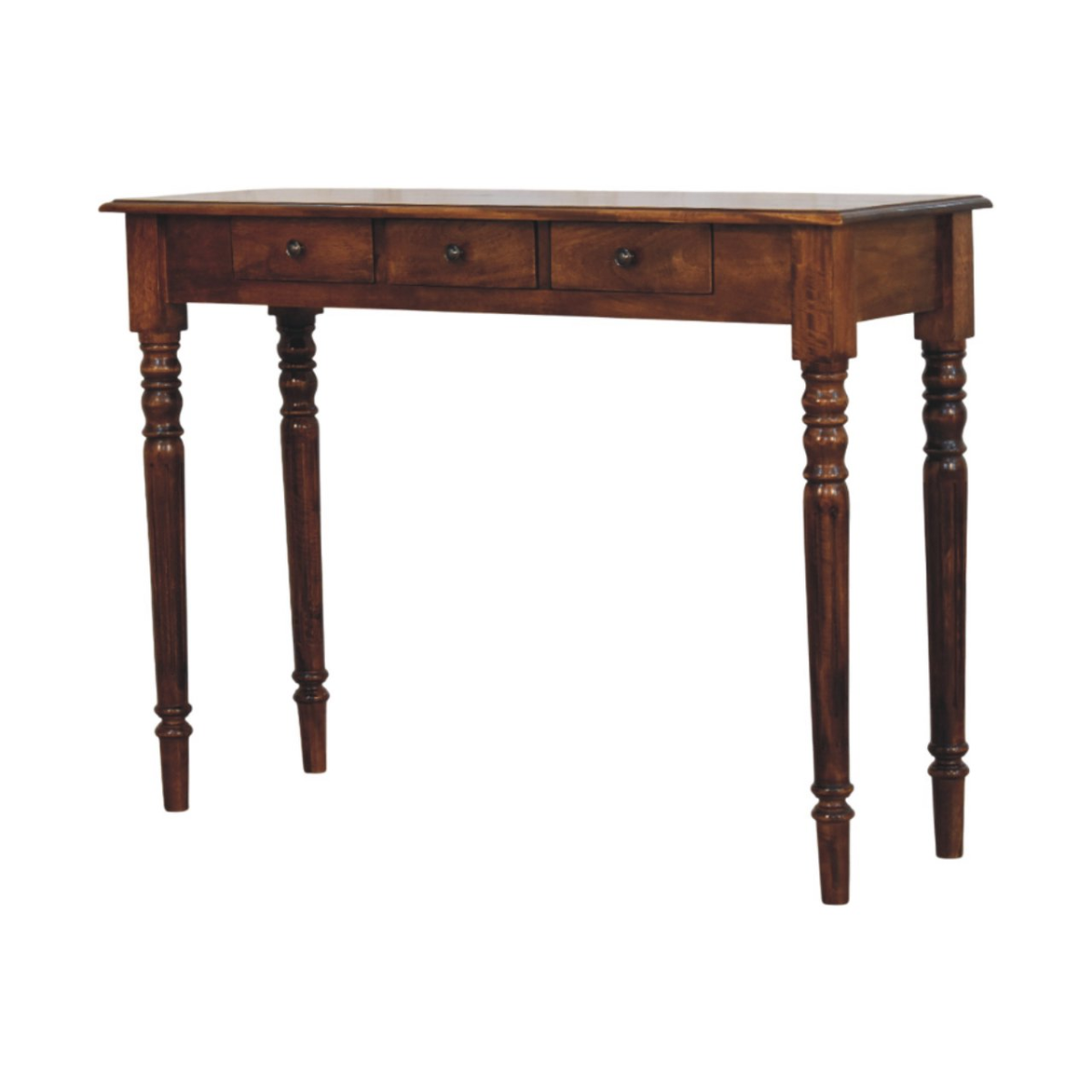 Artisan Furniture Solid Wood Turned Legs Chestnut Console, 3 Drawers, Dark Brown
