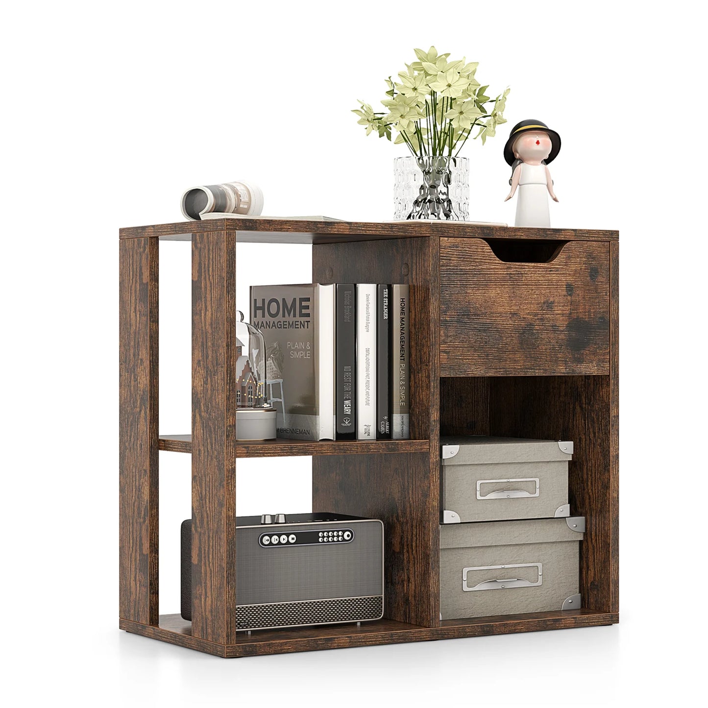 3-Cube Wooden Storage Shelf with Drawer-Black