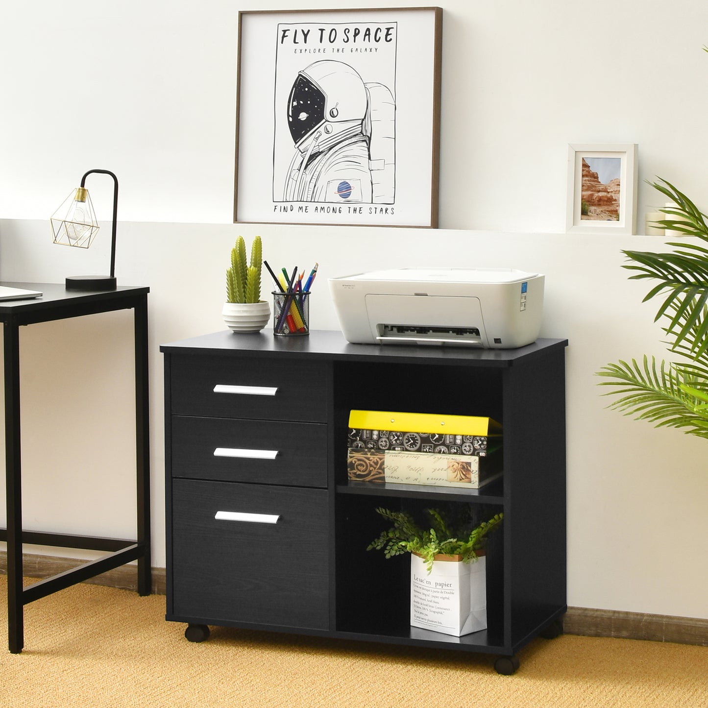 3-Drawer File Cabinet with Hanging Bars for Letter Size Documents-Black
