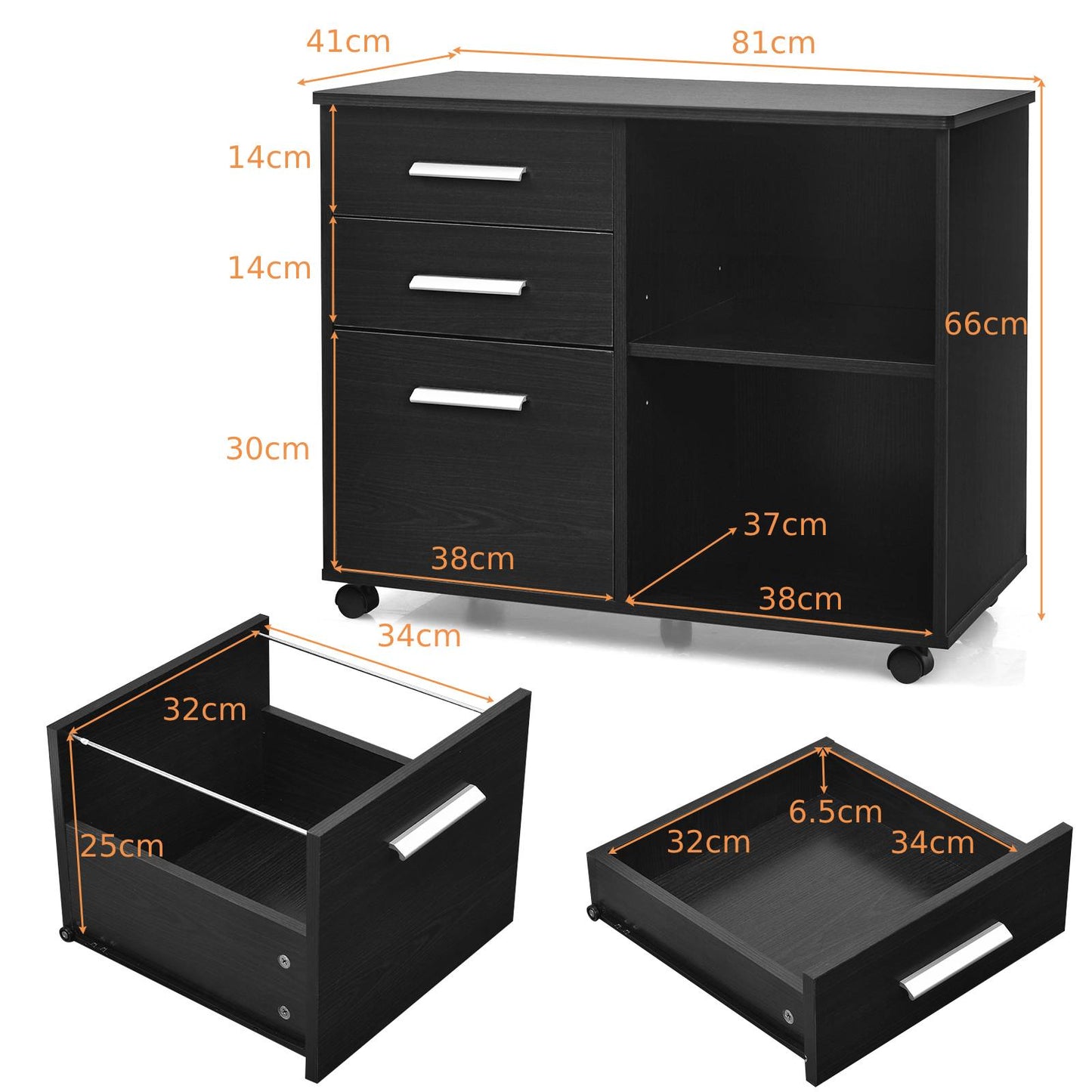 3-Drawer File Cabinet with Hanging Bars for Letter Size Documents-Black