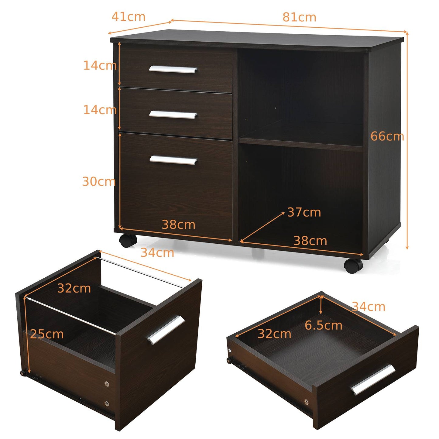 3-Drawer File Cabinet with Hanging Bars for Letter Size Documents-Black