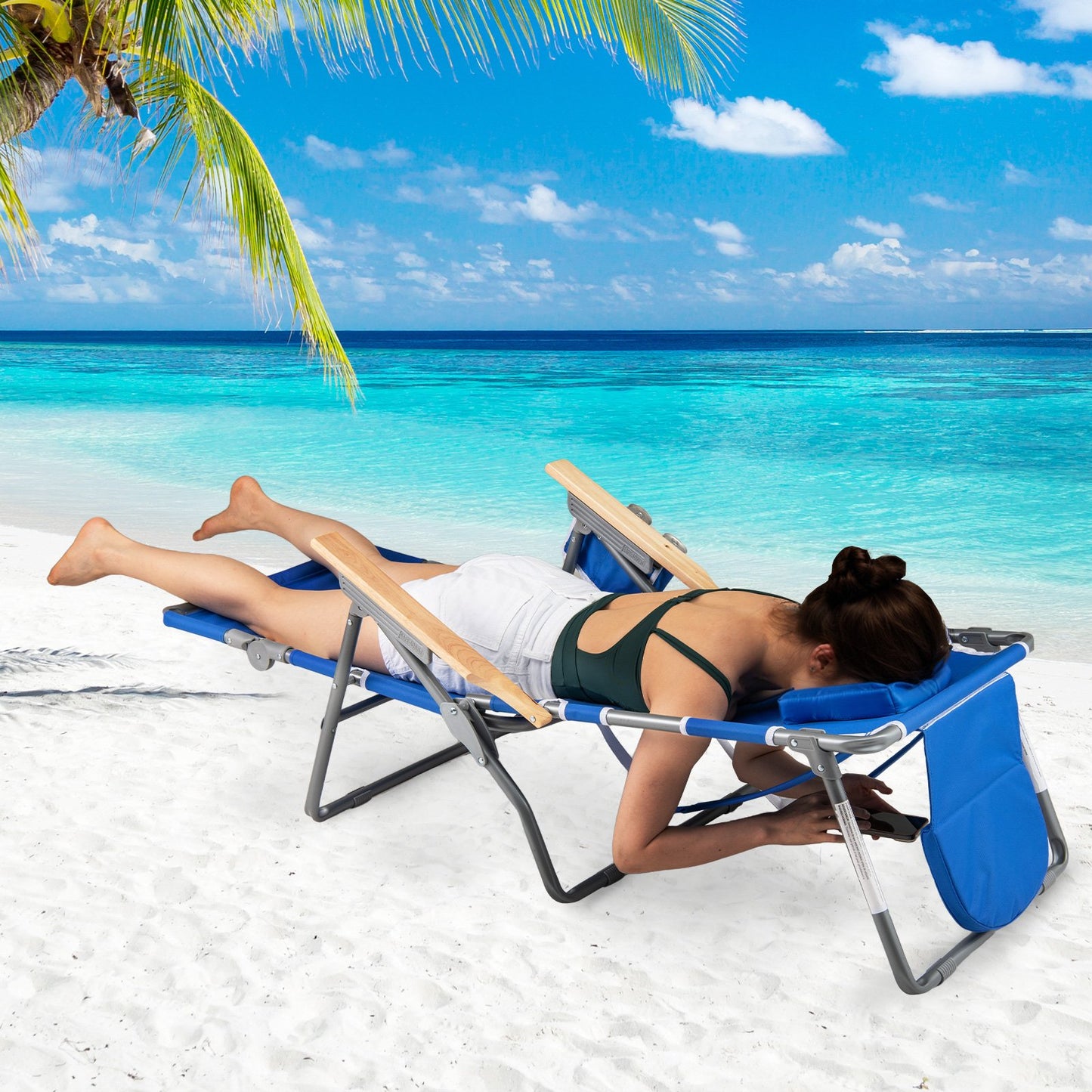 3-IN-1 Foldable Beach Chair Lay-Flat Tanning Chair with Face Hole-Beige