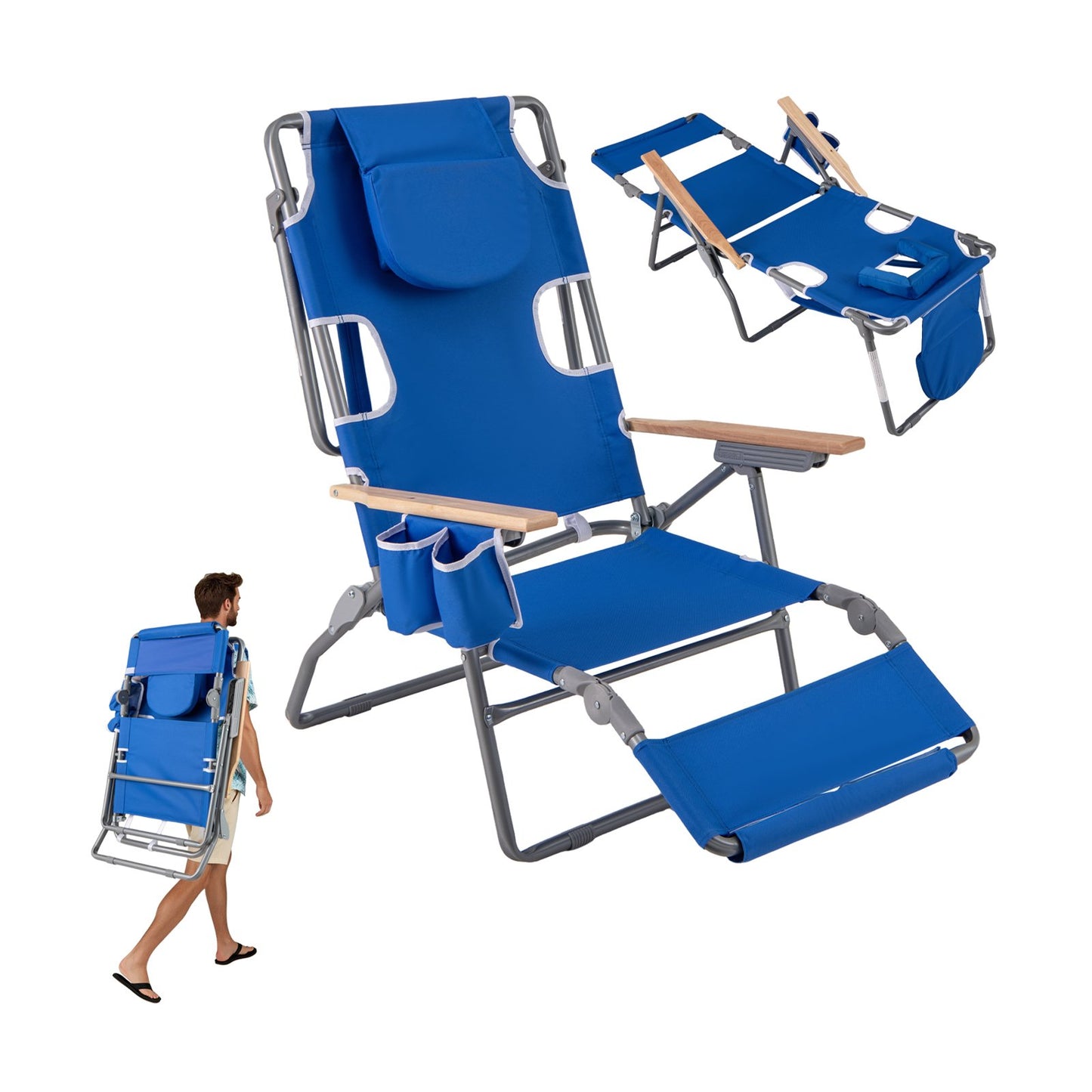 3-IN-1 Foldable Beach Chair Lay-Flat Tanning Chair with Face Hole-Beige