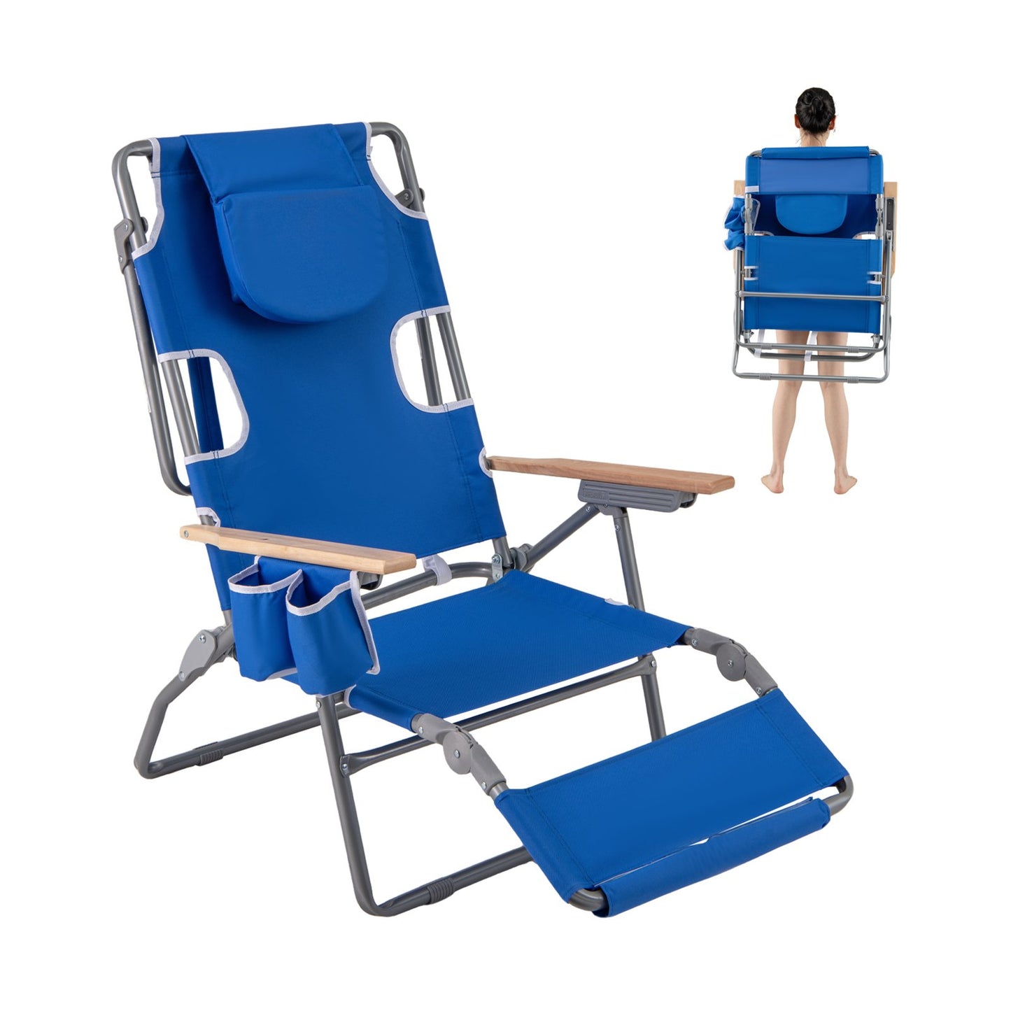3-IN-1 Foldable Beach Chair Lay-Flat Tanning Chair with Face Hole-Beige