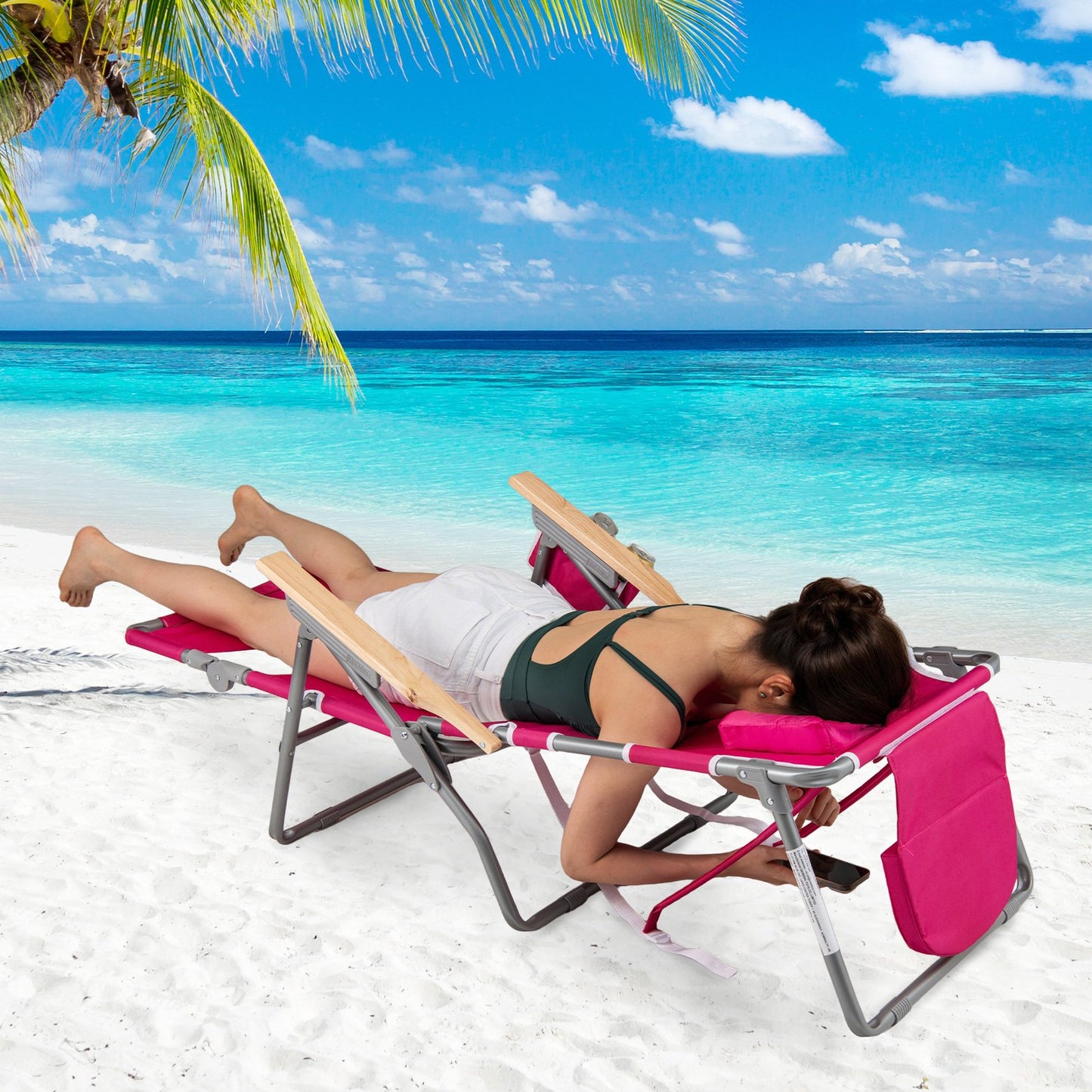 3-IN-1 Foldable Beach Chair Lay-Flat Tanning Chair with Face Hole-Beige